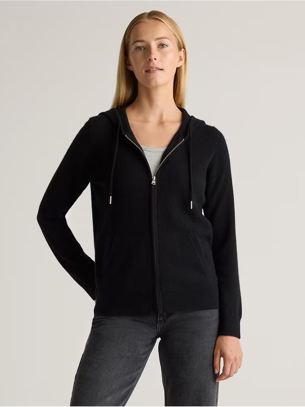 Quince Black Zip Hoodie with Drawstring